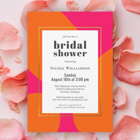 Modern Hot Pink and Orange Abstract Bridal Shower Invitation Coffee Bridal Shower, Bridal Shower Modern, Bridal Shower Brunch Invitations, Shower Modern, Hot Pink Background, Wedding Announcement Cards, Colorful Invitations, Modern Bridal Shower, Brunch Invitations