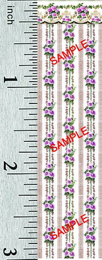 Quarter Scale, Half Scale and 1:44 Scale Miniature Floral Dollhouse Wallpaper (9B) by MiniMinutia on Etsy Pink And Purple Roses, Dollhouse Wallpaper, Miniature Dollhouse, Beige Background, Purple Roses, Pink And Purple, Scalloped Edge, Collectible Dolls, Dollhouse Miniatures