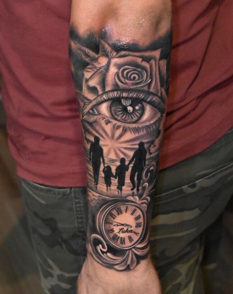 Family With Clock & Rose Family Tattoos Designs Ideas Tattoo Sleeve Men Family, Family Over Everything Tattoo Men, Family Tattoos For Men Forearm, Tattoos That Represent Family, Family Over Everything Tattoo, Honor Your Parents, Family Sleeve Tattoo, Honoring Loved Ones, Elephant Family Tattoo