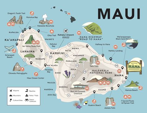 Hawaii Maps with Points of Interest, Airports and Major Attractions | Self-Guided Audio Tours Hawaii 2023, Maui Map, Map Of Hawaii, Hawaii Trip Planning, Hawaii Vacation Tips, Maui Honeymoon, Maui Itinerary, Grad Trip, Maui Activities