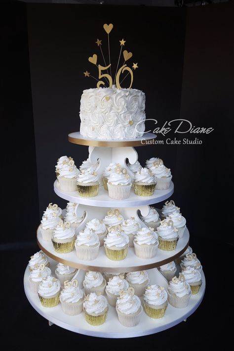 Anniversary Cake Ideas, Rosette Top, 50th Year Wedding Anniversary, 50th Wedding Anniversary Decorations, Anniversary Cupcakes, 50th Wedding Anniversary Cakes, 50th Anniversary Decorations, 50th Anniversary Cakes, 50th Wedding Anniversary Party