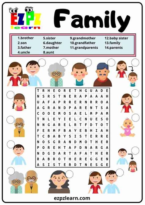 More fun with your teaching with Free Printable Word Search English Vocabulary Worksheets Topic Family For English Learner High Level ESL teachers using for kindergarten, preschool and so on you can either download or print directly from our website. English Vocabulary Worksheets, English Games For Kids, Word Puzzles For Kids, Teach English To Kids, Materi Bahasa Inggris, Family Worksheet, Grammar For Kids, English Teaching Materials, English Activities For Kids