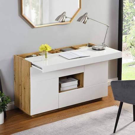 Extendable Desk, Apartemen Studio, Hidden Desk, Tree Furniture, Desk In Living Room, Smart Furniture, Sideboard Furniture, High Gloss White, Functional Furniture