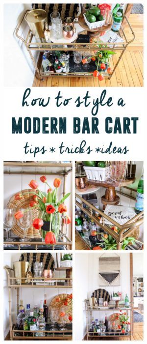 How to Style a Modern Bar Cart www.BrightGreenDoor.com Bar Cart Modern, Diy Bar Cart, Modern Bar Cart, Gold Bar Cart, Outside Bars, Bar Cart Styling, Pub Set, Cart Decor, Mid Century Bar