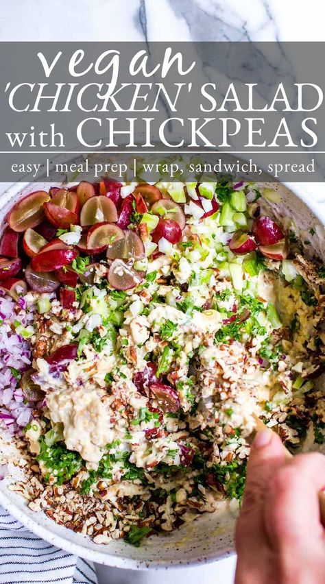 Vegan Chicken Salad in a bowl being mixed. Salad With Pecans, Vegan Chicken Salad, Salad With Chickpeas, Chicken Salad With Grapes, Chickpea Salad Sandwich, Vegetarian Chicken, Grape Recipes, Chickpea Salad Recipes, Vegan Chicken