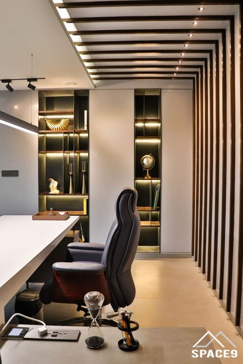 Office Interior With True Forms And Bold Designs | Space 9 Architects - The Architects Diary Office Ceiling Design, Office Cabin Design, Small Office Design Interior, Interior Kantor, Small Office Design, Office Table Design, Office Interior Design Modern, Modern Office Interiors, Office Space Design