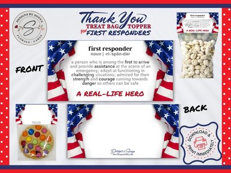 First Responders Thank You Treat Bag Topper Printable 4x4 Digital Download Hero Definition Design Patriotic Appreciation Gift Idea - Etsy Hero Definition, First Responders Day, Definition Design, Appreciation Message, Bag Topper, Bag Toppers, First Responders, Meaningful Messages, Police Officers