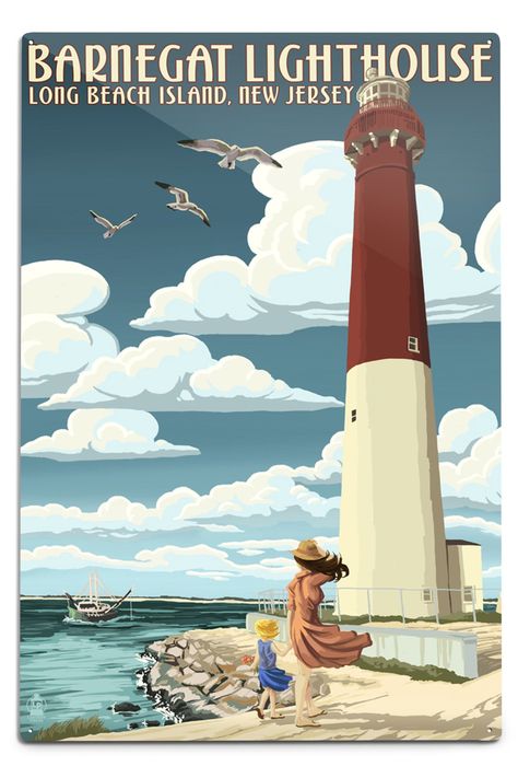 Barnegat Lighthouse, New Jersey Shore, Lighthouse Print, Lighthouse Art, Long Beach Island, Retro Travel Poster, Beach Island, Gallery Walls, Prints Wall