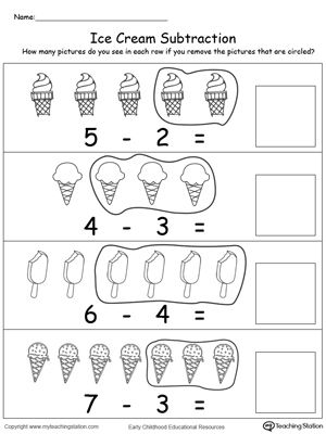 Learning Subtraction, Cream Pictures, Kindergarten Subtraction, Math Subtraction Worksheets, Subtraction Kindergarten, Math Subtraction, Subtraction Activities, Addition And Subtraction Worksheets, Preschool Math Worksheets