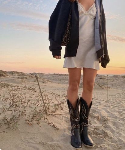 slip dress outfit. street style. trendy outfit. Girls Boots Outfit, Black Cowgirl Boots Outfit, Cowboy Boot Outfits, Black Cowgirl Boots, Slip Dress Outfit, Cowgirl Boots Outfit, Dresses With Cowboy Boots, Black Cowboy Boots, Cowboy Girl