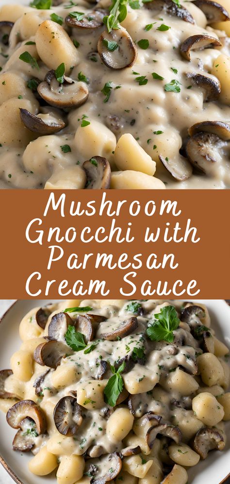 Mushroom Gnocchi with Parmesan Cream Sauce Recipe | Cheff Recipes Mushroom Sauce For Gnocchi, Gnocchi With Mushroom Sauce, Gnocchi Parmesan Cream Sauce, Gnocchi And Mushroom Recipes, Mushroom And Gnocchi Recipes, Creamed Mushrooms Recipes, Gnocchi Mushroom Cream Sauce, Gnocchi With Cream Sauce, Authentic Gnocchi Recipes