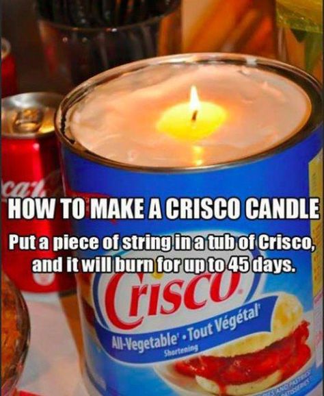 Crisco Candle for emergency situations. Simply put a piece of string in a tub of shortening, and it will burn for up to 45 days... - Top 68 Lifehacks and Clever Ideas that Will Make Your Life Easier Crisco Candle, 25 Life Hacks, 1000 Lifehacks, Emergency Preparedness Food, Emergency Prepardness, Doomsday Prepping, Emergency Preparedness Kit, Apocalypse Survival, Survival Life Hacks