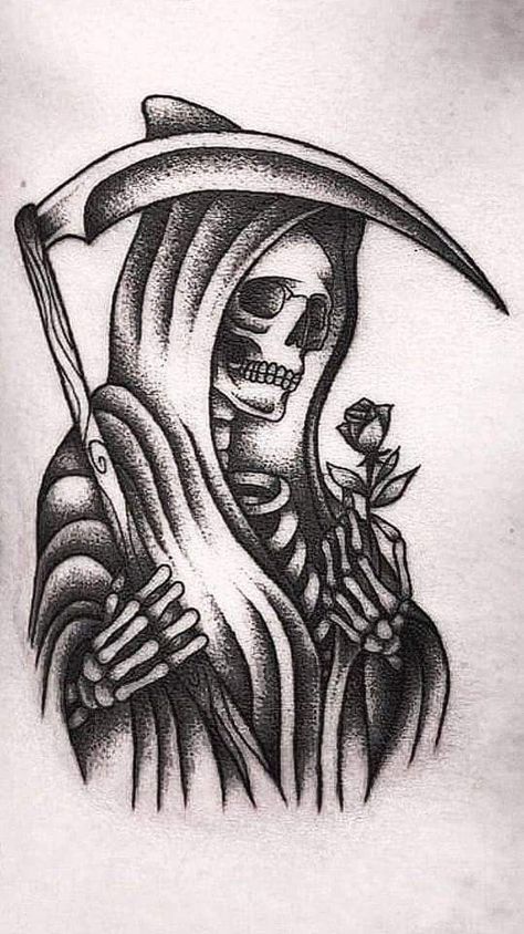 Santa Muerte Drawing Tattoo, Thief Tattoo, La Santa Muerte Tattoo, La Muerte Tattoo, Grim Reaper Drawing, Reaper Drawing, Easy Graffiti Drawings, Grim Reaper Tattoo, Book Thief