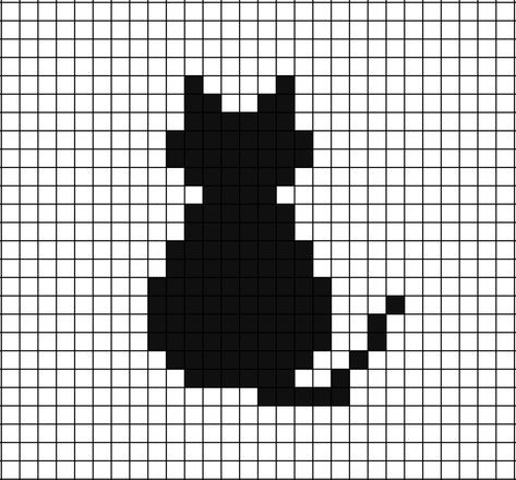 A pixel art silhouette template of a cat, back facing towards and sat down admiring the view. Cat Pixel Art Easy, Cat Tapestry Crochet, Cat Pixel Art Grid, Pixel Art Black And White, Black And White Pixel Art, Alpha Patterns Cat, Pixel Black Cat, Cat Pixel Grid Crochet, Pixel Art Cat