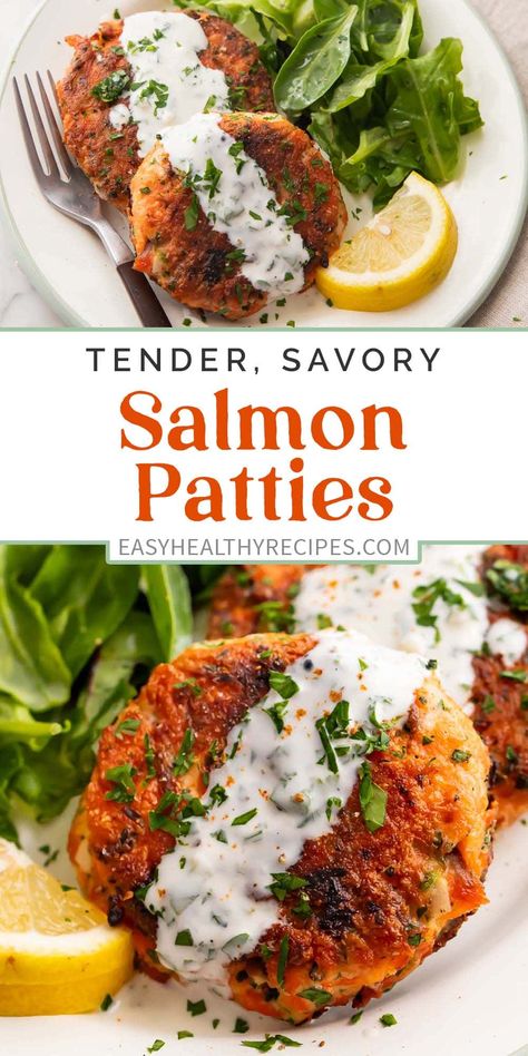 This simple salmon patty recipe is a quick and easy way to use fresh, frozen, leftover, or canned salmon, with delectable results. The creamy lemon-garlic sauce is the perfect compliment to the crisp salmon patties, and this entire recipe can be thrown together in just 10 minutes. Lunch Ideas With Salmon, How To Use Leftover Salmon, Frozen Salmon Patties Recipe, Weight Watchers Salmon Patties, Fresh Salmon Patties Recipe Easy, Salmon Patties Meal Prep, Canned Salmon Meatballs, Recipes With Ground Salmon, Salmon Supper Ideas