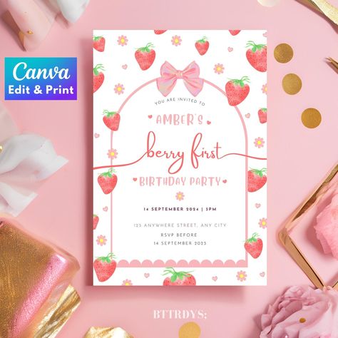 Berry First Birthday Invitation Strawberry Flowers Ribbon Pink Red Theme Cute Floral Design DIY Printable Girl Party Invite Digital Download by BTTRDYS on Etsy Floral Design Diy, Berry First Birthday Invitation, Strawberry Flowers, Berry First Birthday, Flowers Ribbon, Girls Party Invitations, Red Theme, Strawberry Flower, First Birthday Invitations