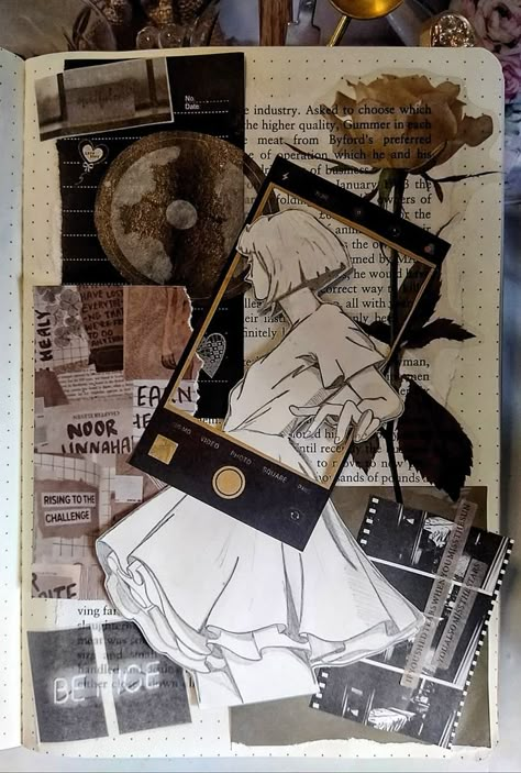 Scrapbook Outside Cover, Sketch Collage Drawings, Alt Scrapbook Ideas, Diy Scrapbook Ideas Creativity Design, Creative Art Journal Pages, Drawing Scrapbook Ideas, Design Diary Ideas, Black Pages Journal, Collage Art Sketchbook