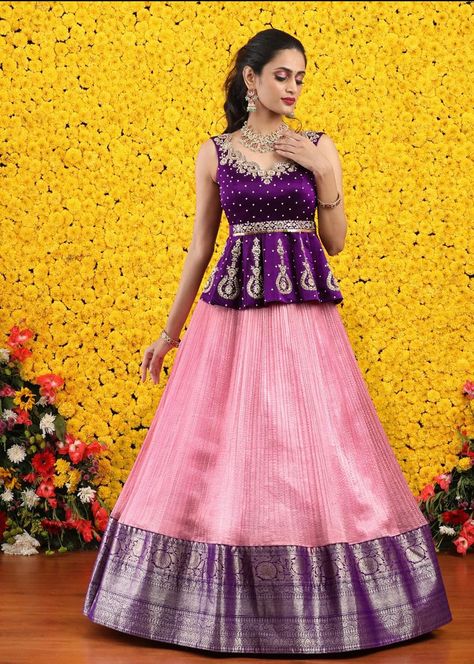 Pattu Skirt And Crop Top, Pattu Crop Top Blouse Designs, Peplum Top Outfits Indian With Skirt, Crop Top Lehenga Wedding Indian Fashion, Crop Top Designs For Lehenga, Croptop Lehenga Designs, Traditional Half Saree Designs, Indian Dress Up, Simple Frock Design