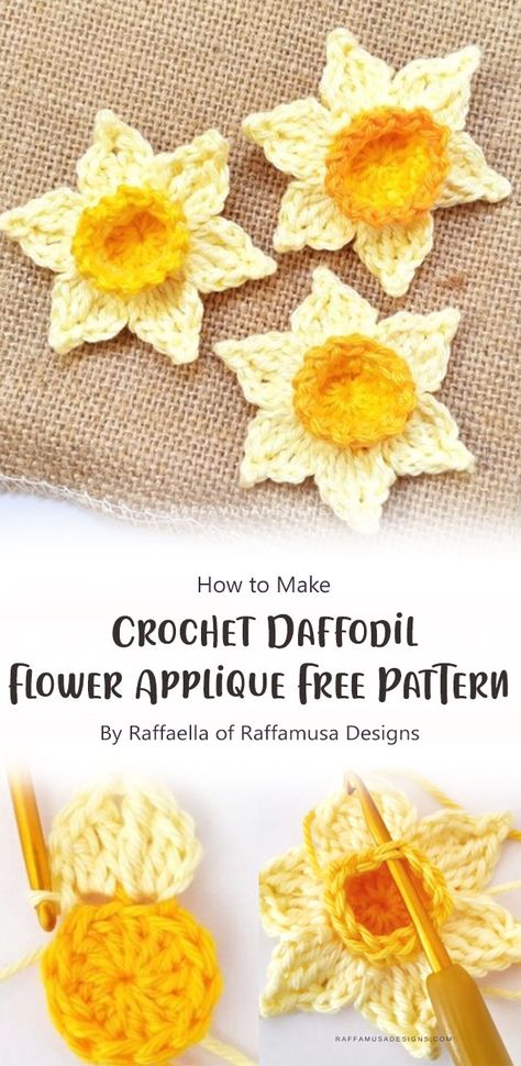 This Crochet Daffodil Flower Applique is a beautiful flower that can be used for decoration on many crochet projects. The pattern is easy to follow and you do not need to be an expert in crochet to complete it. You can use this pattern to make beautiful flowers for your home décor, clothing or other accessories. Crochet Daffodil Free Pattern Flower, Crochet Small Flower Applique Free Pattern, Crochet Daffodil Free Pattern, Pretty Daffodils, Spring Crochet Ideas, Daffodil Crochet, Crochet Daffodil, Crochet Brooches, Crochet Small Flower