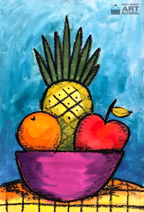 Still Life For Kids, Easy Still Life Drawing, Simple Still Life, Kids Painting Projects, فنسنت فان جوخ, 2nd Grade Art, Fruits Drawing, 3rd Grade Art, Elementary Art Projects