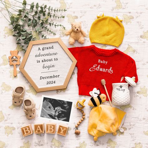 This is a customizable, Winnie the Pooh themed, pregnancy announcement template for you to share on social media or to print. You can edit it yourself right after purchasing so you can announce your news quickly with friends & family! I remember how excited I was to share the news I was expecting once I found out, and I did not want to wait! I have designed this customizable digital template so there is no need to wait! Simply purchase, edit the template with your desired info, download your JPG Baby Announcement Winnie The Pooh, Baby Reveal To Parents, Winnie The Pooh Baby Gender Reveal, Gender Reveal Winnie The Pooh Theme, Winnie The Pooh Baby Announcement, Winnie The Pooh Pregnancy Announcement, Winnie The Pooh Gender Reveal, Pregnancy Announcement Template, Fun Baby Announcement