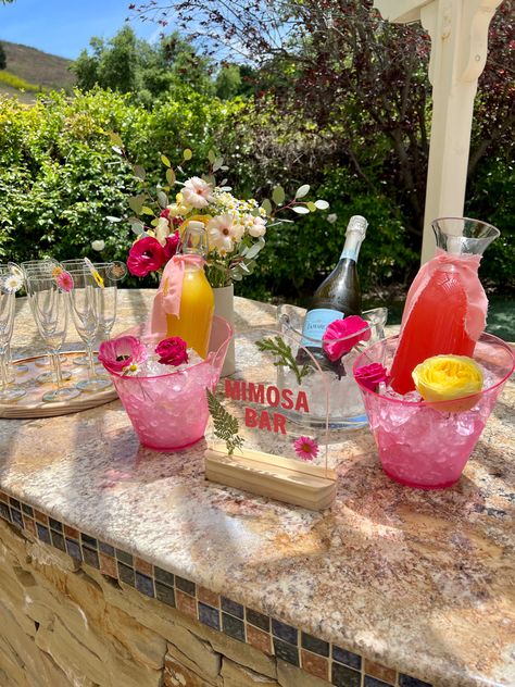 Mimosa Bar Birthday Party, Floral Mimosa Bar, Outdoor Mimosa Bar, Flower Brunch Party, Birthday Flowers Decorations, Birthday Mimosa Bar, Mimosa Bar Ideas Brunch Party, Brunch Mimosa Bar, Mimosas Bar