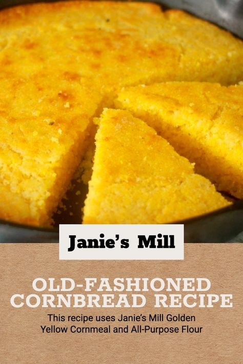 Sweet and moist, this old-fashioned cornbread recipe, using Janie's Mill Golden Yellow Cornmeal, is a classic side dish for hearty meals such as chili or stew. Yellow Corn Meal Cornbread, Best Cornmeal Bread, Homade Cornbread Easy Recipes, Cornbread Using Cornmeal, Sweet Yellow Cornbread Recipe, Quaker Yellow Corn Meal Cornbread Recipe, Cornbread Recipe With Cornmeal, Chili And Cornbread Recipe, Montana's Cornbread Recipe