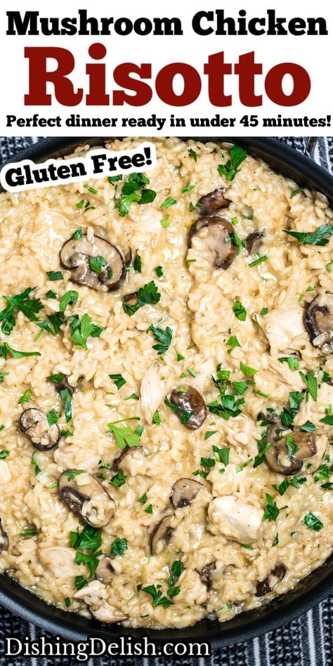 Mushroom Chicken Risotto, Dairy Free Risotto Recipes, Dairy Free Risotto, Chicken Spinach Mushroom, Risotto Recipes Chicken, Bacon Risotto, Spinach Risotto, Creamy Mushroom Chicken, Chicken Risotto