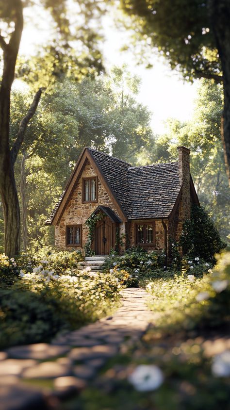 Enchanted House in Lush Forest Tiny House Stone Cottage, Forest Home Aesthetic, Small Forest House, Mossy Cottage, Enchanted House, House In Forest, Small House In The Woods, Witchcraft 101, Forest Living