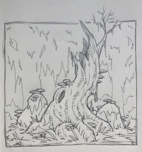 ‪165/365 #tree #sketch #sketchbook #thumbnail #doodle #draw #twisted #mikephillipsart #art #artist #swamp #swamptree #stump #sketchartist ‬ Cartoon Background Drawing, Swamp Trees Concept Art, Tree Stump Sketch, Mossy Rock Drawing, Swamp Trees Drawing, Bog Drawings, Swamp Aesthetic Drawing, Art Thumbnails Sketch, Tree Stump Reference