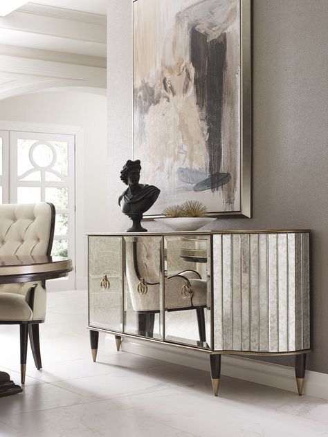 Charles Neal Interiors - The Everly Collection Mirror Buffet, Glamorous Interior Design, Los Angeles Interior Design, Bernhardt Furniture Dining Kitchen & Dining Chairs, Dining Room Style, Dining Room Makeover, Dining Room Interiors, Home Design Living Room, Mirrored Furniture