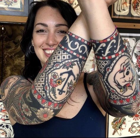 Traditional Tattoo Sleeve Filler, Traditional Tattoo Arm, Mosaic Tattoo, Traditional Tattoo Filler, Tattoo Studio Interior, American Traditional Sleeve, Tattoo Sleeve Filler, Arm Sleeve Tattoo, Cuff Tattoo