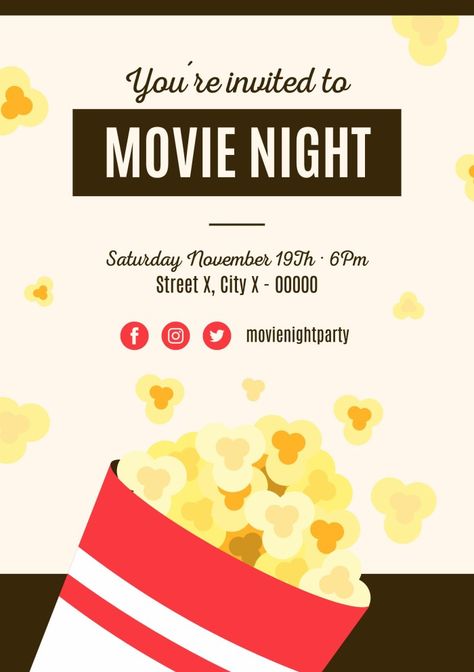 Hand-drawn Movie Night Popcorn Invitation Movie Night Invitations, Movie Night Popcorn, Movie Time, The Editor, About Time Movie, Youre Invited, Free Graphic Design, Movie Night, Popcorn