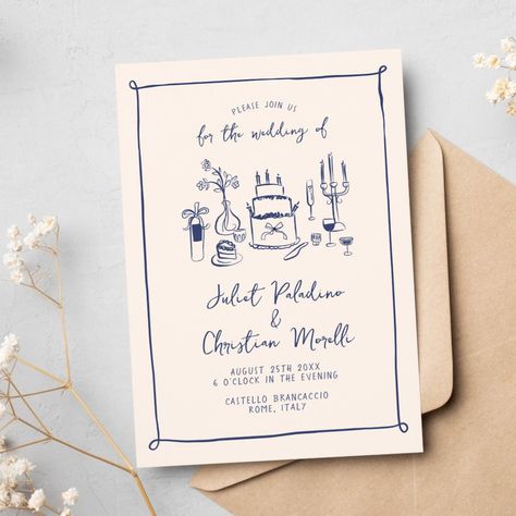 This wedding invitation is based on the popular hand-drawn trend that features French or Italian style food and beverages in a whimsical, doodle, scribble style. This design is ideal for a laid back, casual wedding in a garden. It features charming hand drawn illustrations of a vase of flowers, bottle of champagne, wedding cake, candle holder and glasses of wine. Hand Drawn Wedding Invitations Simple, Casual Wedding Invites, Doodle Invitation Wedding, Wedding Invitation Doodle, Italian Style Wedding Invitations, Wedding Invitation Handdrawn, Hand Drawn Invitations, Doodle Wedding Invitation, Doodle Invitation