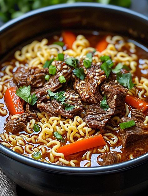 via @thenandnowspace Slow Cooker Beef Ramen, Beef Ramen Noodle Recipes, Beef Ramen Noodles, Beef Ramen, Ramen Noodle Recipes, Spicy Beef, Ramen Recipes, Homemade Beef, Beef Soup