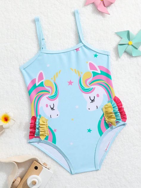 Blue Collar Fabric Cartoon One Pieces & Monokinis Embellished Medium Stretch Baby Girls Clothing Bleu Azur, Unicorn Print, Monokini, Girls Clothing, Ruffle Trim, One Piece Swimsuit