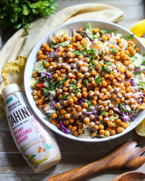 Creamy Lemon Tahini Dressing - BetterFoodGuru Tahini Dressing Recipe, Moroccan Salad, Tahini Recipe, Chopped Salad Recipes, Lemon Tahini Dressing, Spiced Chickpeas, Crispy Chickpeas, Vegetarian Cabbage, Tahini Dressing