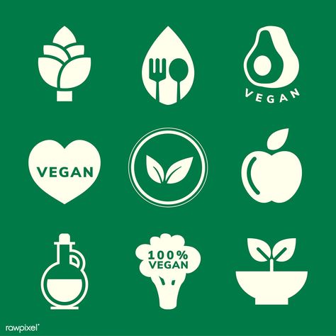 Collection of vegan icon vectors | free image by rawpixel.com / NingZk V. Vegan Food Logo, Meat Icon, Vegan Finger Foods, Vegan Logo, Recipes Chili, Pasta Bread, Healthy Logo, Earth Logo, Healthy Brands