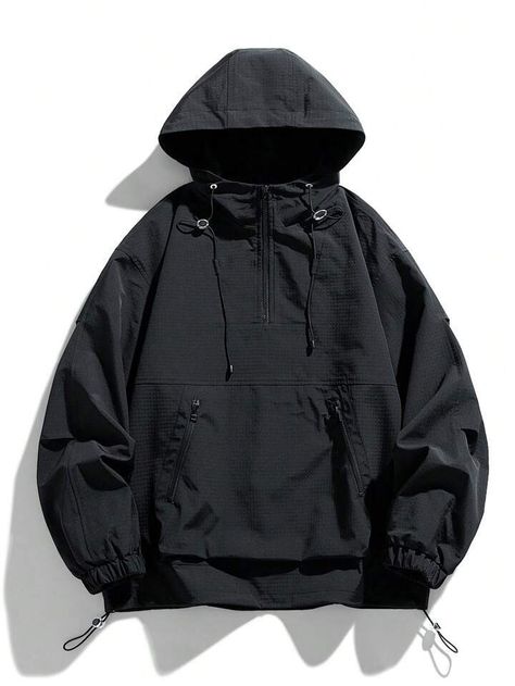 Black Windbreaker Outfit Men, Windbreaker Jacket Outfit Men, Windbreaker Outfit Mens, Street Techwear, Techwear Men, Jaket Parasut, Simple Jacket, Stile Preppy, Outdoor Coats