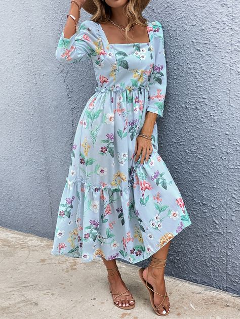 Flower Print One Piece Dress, Long Dresses Casual Maxi Summer Outfits Floral Prints, Floral One Piece Dress, Floral Dress Outfit Summer, Floral Outfit Summer, Floral Print Dress Summer, Beautiful Casual Dresses, Womens Floral Dress, Fancy Dress Design