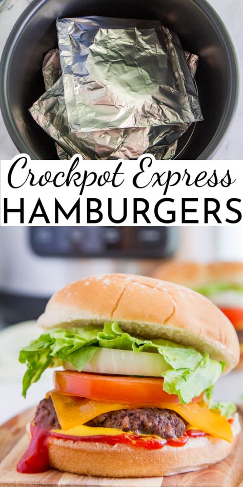 Juicy and easy to prepare, Crockpot Express Hamburgers are perfect for any weeknight dinner! Pile on all your favorite toppings and make it a burger night.  via @nmburk Hamburger Marinade, Hamburger Crockpot Recipes, Hamburger In Crockpot, How To Cook Hamburgers, Crockpot Express, How To Make Hamburgers, Hamburgers Grilled, Easy Crockpot Dinners, Electric Pressure Cooker Recipes