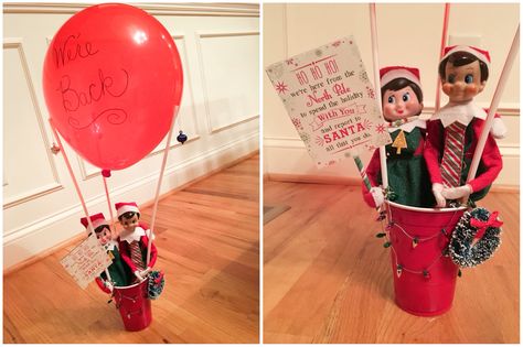 Elf on the Shelf Ideas. Elf Arrival. The elves arrived via hot air balloon! To view more pins like this one, search for Pinterest user amywelsh18. Elf On The Shelf Arrival, Elf Arrival, Shelf Elf, Awesome Elf On The Shelf Ideas, Elf Magic, Xmas Elf, Elf Antics, Elf Fun, Christmas Preparation