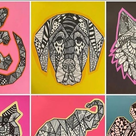 Osage Trail Middle School ART on Instagram: "🤩 Geometric Zentangle Animal 🤩  . This is such an easy and calming project and students get to choose from 16 different animals!  . . Step-by-step directions for this project are available on my TPT Store. The link is in my profile.  . . .  #art #artistsoninstagram #artclass #artclassroom #artproject #kidsartproject #middleschool #middleschoolart #middleschoolartteacher #schoolwork #artteachersofinstagram #artteacher #artteacherlife #artteachersofig #artproject #tpt #tptteacher #teachersoftpt  #drawing #artsy #homeschool #homeschoolart #turtle #zentangle" Turtle Zentangle, Art Lesson Plans Middle School, Op Art Projects, Native American Art Projects, Geometric Art Animal, Zentangle Animals, 7th Grade Art, High School Art Lessons, 8th Grade Art