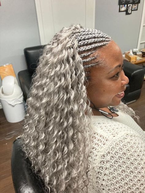 Silver Braids For Black Women, Salt And Pepper Braids Black Women, Grandma Hairstyles, Big Braid Styles, Gray Braids, Braided Ponytail Black Hair, Silver Hair Braids, Grey Braids, Graying Gracefully