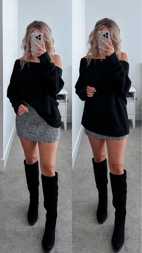 Black Wrap Sweater Outfit, Knee High Boots Black Outfit, Sweater Going Out Outfit, Knee High Boots Outfit Fall 2023, Over Knee Boots Outfit Night, Curvy Thanksgiving Outfit, Black Suede Knee High Boots Outfit, Over The Knee Boot Outfit Casual, Outfits With Black Knee High Boots