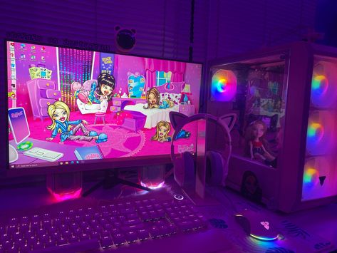 Please follow my Instagram chnlmln🤍 #pinkgamingsetup #pinkpcsetup #pink #pcsetup #gamingsetup #bratz #fantech Bratz Decor, Bratz Game, Bratz Room Decor, Bratz Bedroom, Pink Pc Setup, Bratz Room, Tropical 2000s, Goth Apartment, Pink Pc