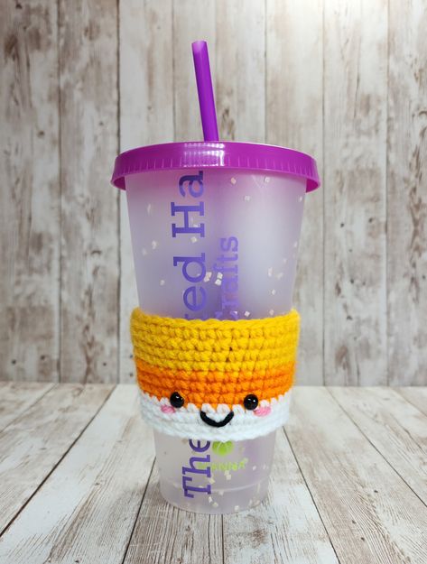 FREE Crochet Pattern: Candy Corn Cup Cozy - The Pointed Hat Free Crochet Cup Cozy, Corn Cup, Crochet Candy Corn, Crochet Candy, Cup Cozy Pattern, Cozy Pattern, Crochet Cup Cozy, Halloween Cups, Cozy Accessories