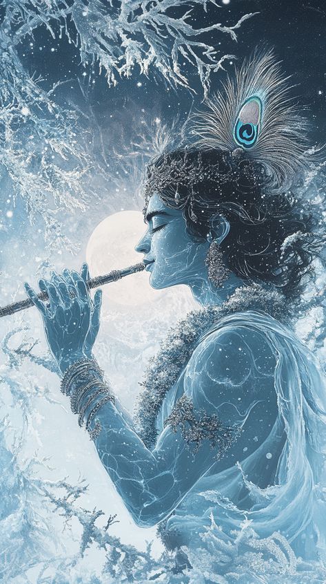 In a peaceful winter scene, Krishna sits by a frozen river, his translucent, icy skin reflecting the soft glow of the snowy surroundings as his flute fills the air with crystalline notes. Krishna Radha Wallpapers, Shree Krishna Photo, Lord Krishna Wallpaper, Radhakrishna Images, Frozen River, Dreamy Artwork, Krishna Book, Krishna Wallpapers, Hinduism Art