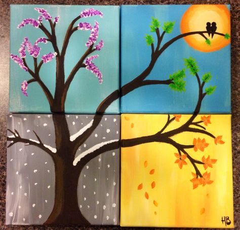 the four seasons, acrylic paints, 4 canvases, made by me:) 4 Season Painting Canvases, 4 Seasons Drawing, 4 Seasons Painting, Seasons Drawing, Four Seasons Painting, Four Seasons Art, Decoration Creche, Canvas Painting Projects, Small Canvas Paintings