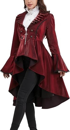 Amazon.com: VJQUMM Women's Steampunk Gothic Vintage Tailcoat Jacket Victorian Medieval Coat : Clothing, Shoes & Jewelry Red Steampunk Outfit, Victorian Clothing Women, Wardrobe Build, Medieval Coat, Goth Coat, Victorian Jacket, Steampunk Coat, Masquerade Outfit, Victorian Coat